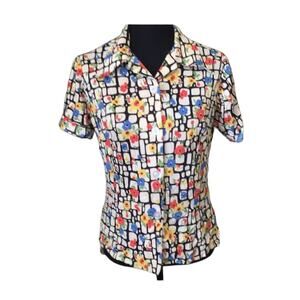 Vintage 70’s Red, Yellow Blue Floral Check Short Sleeve Disco Shirt